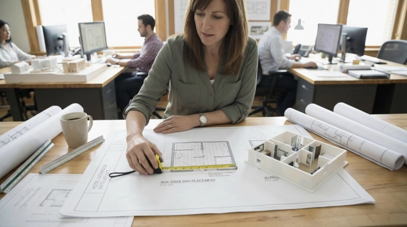 Architect performing pre-installation layout review to ensure ADA Bathroom Grab Bar Requirements are met in a hotel bathroom project.