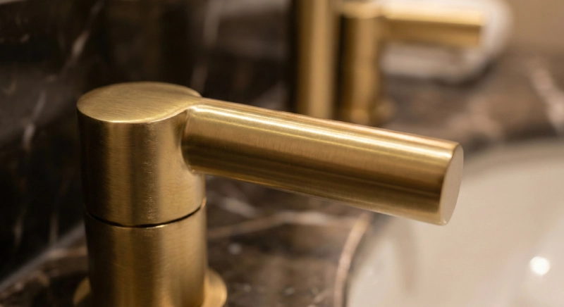 Close-up of durable PVD finish used in commercial fixtures designed to comply with ADA bathroom faucet requirements