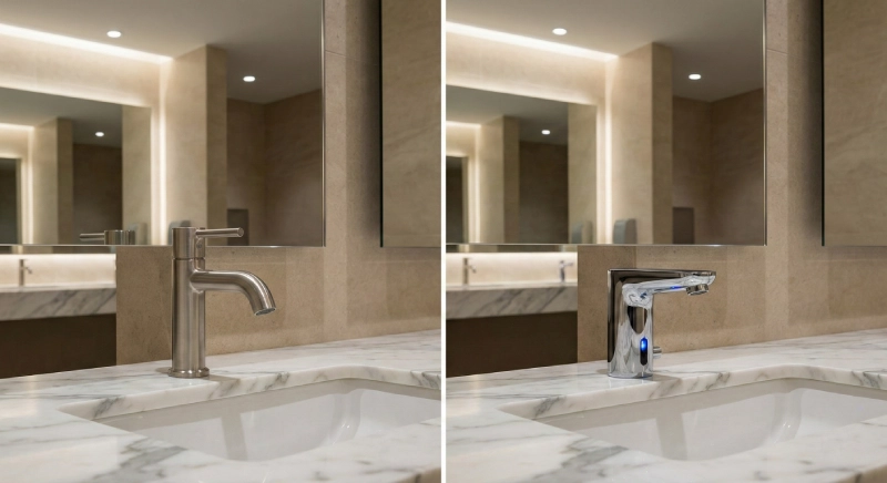 Comparison between manual and touchless fixtures that meet ADA bathroom faucet requirements in commercial restrooms