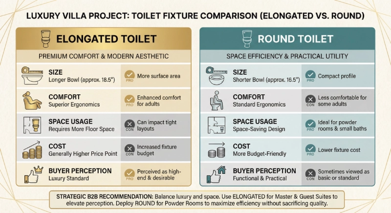 Comparison of elongated vs round toilets including size, comfort, space, cost, and buyer perception.
