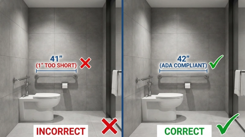 Comparison of incorrect and correct ADA Bathroom Grab Bar Requirements installation showing common 1-inch error in a commercial bathroom.