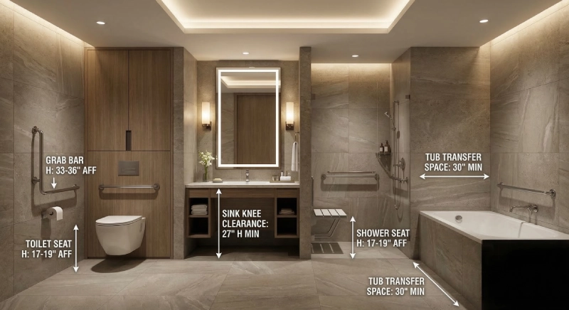 Complete hotel ADA bathroom layout with annotated measurements demonstrating ADA bathroom requirements for compliance