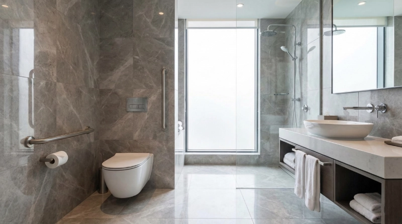 Completed hotel bathroom with grab bars installed according to ADA Bathroom Grab Bar Requirements, showing proper height and placement.