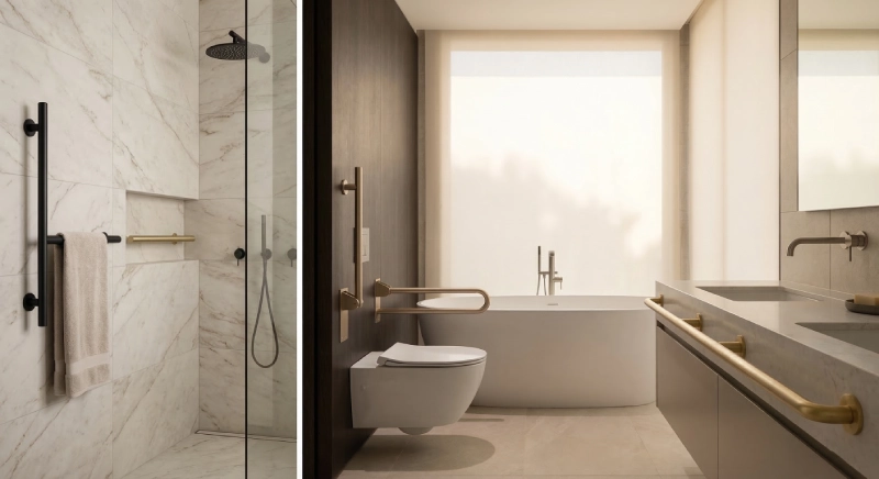 Designer ADA bathroom fixtures showing invisible grab bars integrated into luxury villa bathroom design.