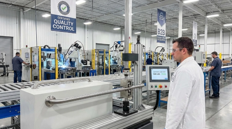 Factory production and testing of ADA Bathroom Grab Bar Requirements, ensuring certified load-bearing compliance for commercial projects.