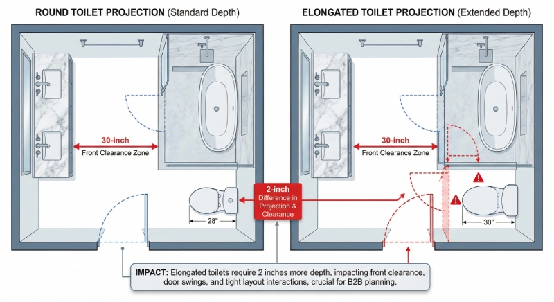 Floor plan showing elongated vs round toilet dimensions and impact on bathroom layout clearance.