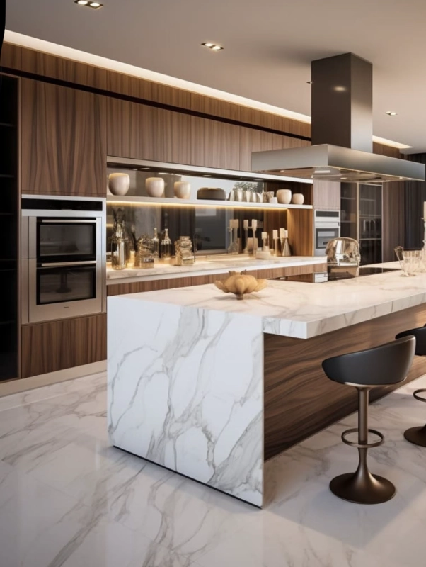 Scratch-resistant wood grain melamine kitchen cabinetry with reinforced edge banding, engineered for high-frequency use in multi-unit rental housing.