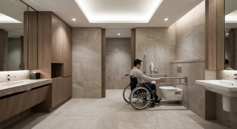 Hotel ADA bathroom layout showing correct toilet height and clearance, illustrating ADA bathroom requirements for hotel compliance