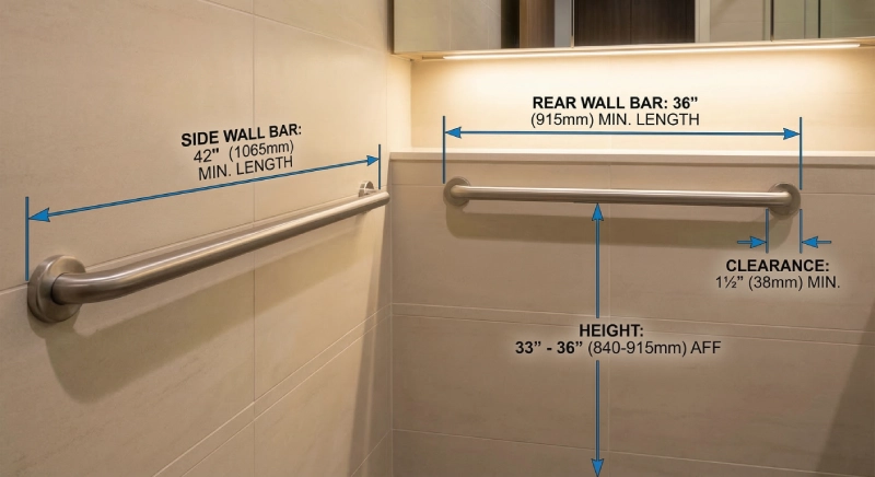 Hotel bathroom grab bars correctly installed according to ADA bathroom requirements for safety and compliance