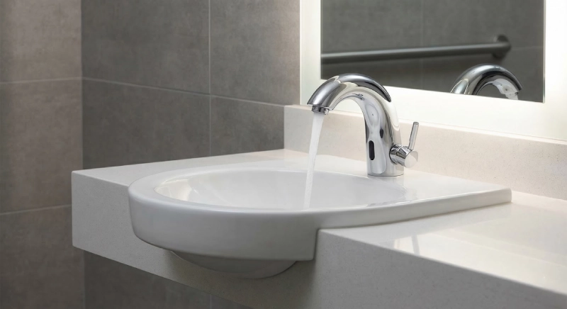 Hotel bathroom sink and lever faucet illustrating ADA bathroom requirements for accessible operation
