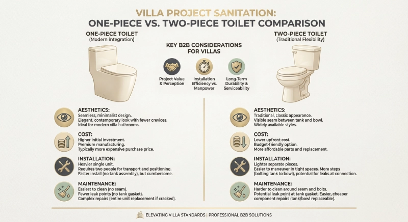Infographic comparing One-Piece vs Two-Piece Toilets for villa projects.