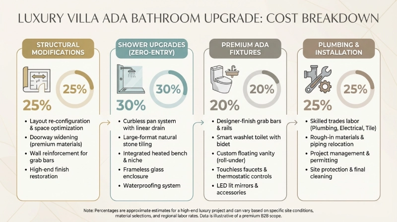 Infographic showing ADA bathroom fixtures and cost breakdown for luxury villa projects, including structural modifications, shower upgrades, and premium fixtures.