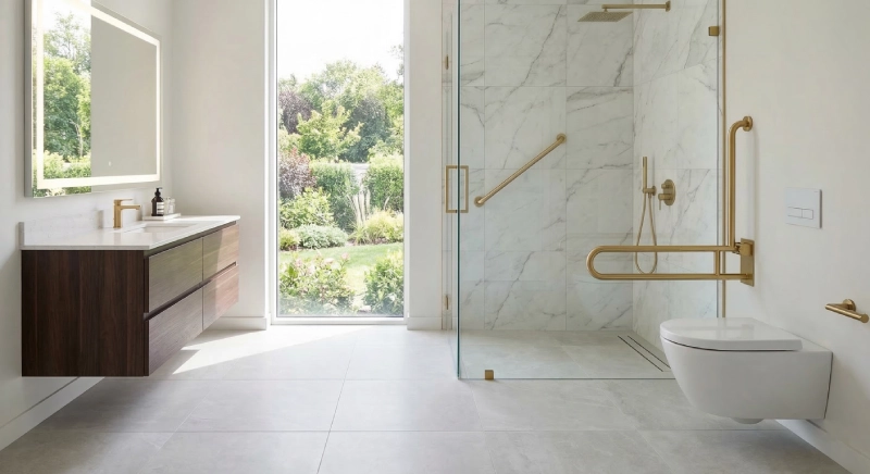 Luxury villa bathroom featuring ADA bathroom fixtures, floating vanity, curbless shower, and designer grab bars integrated seamlessly into modern design.