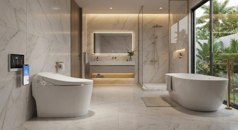 Luxury villa bathroom featuring One-Piece vs Two-Piece Toilets, George Group case study. (2)