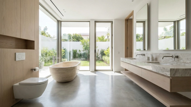 Luxury villa master bathroom with chair height toilet