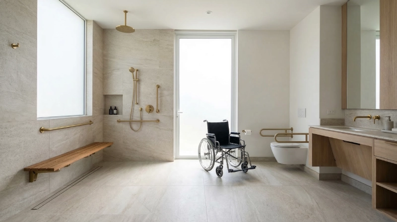 Luxury wet-room with ADA bathroom fixtures, including curbless shower and linear drain, designed for accessibility and high-end villa aesthetics.