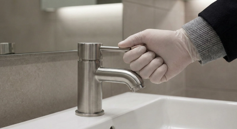 Single lever faucet demonstrating 5-pound operable force compliance under ADA bathroom faucet requirements in a commercial restroom setting