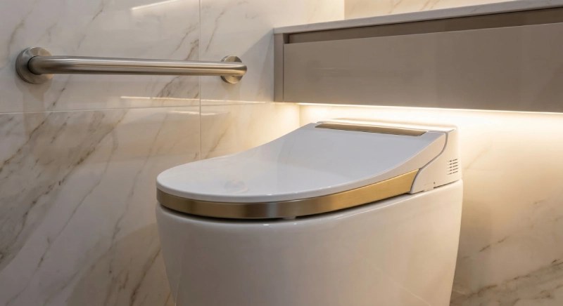 Smart ADA bathroom fixtures including an ADA compliant toilet with automatic lid and hands-free flushing in a luxury villa setting.