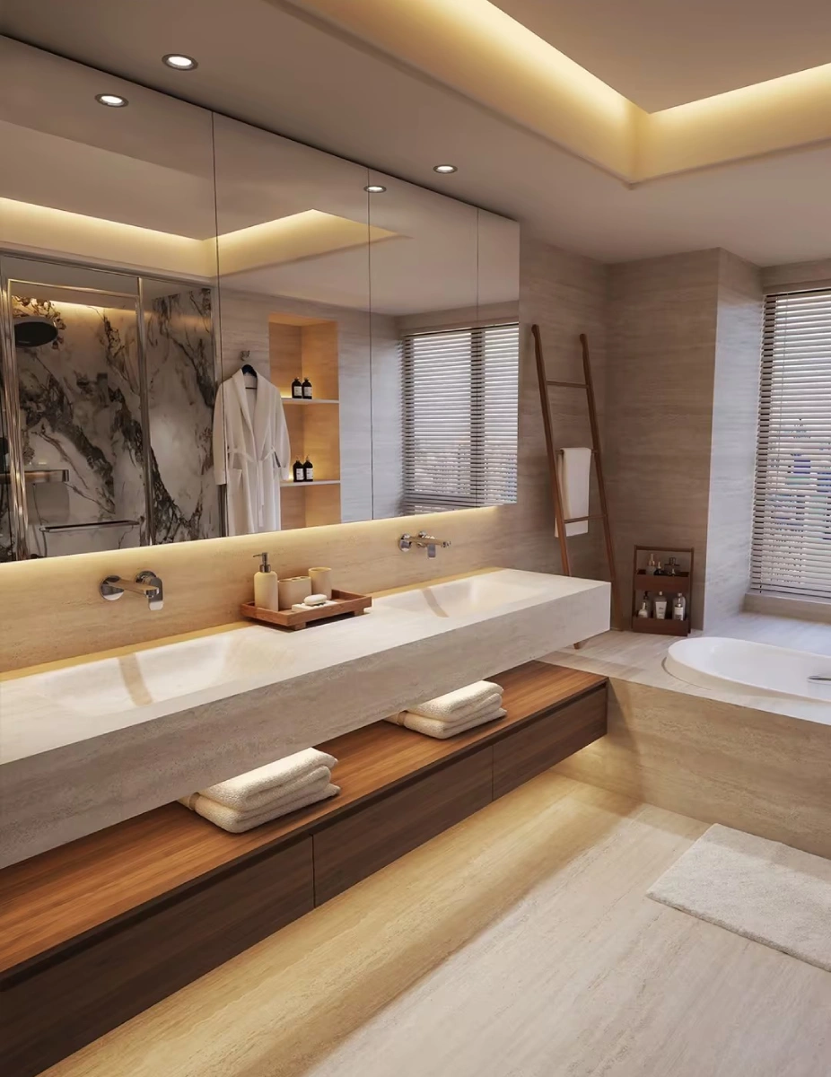 Minimalist wall-hung bathroom vanity with seamless ceramic basin