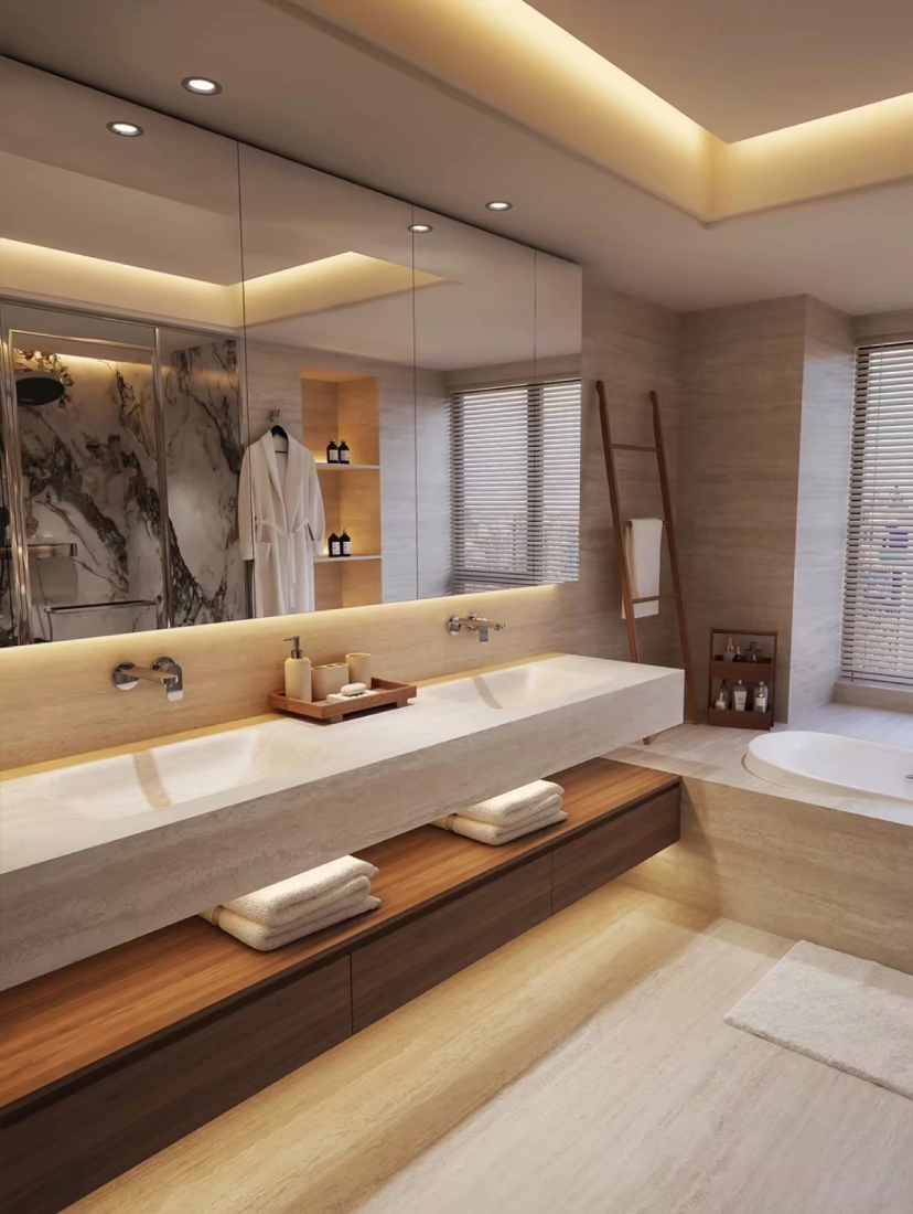 Minimalist wall-hung bathroom vanity with seamless ceramic basin, designed to maximize floor space and ease of cleaning in high-end apartment bathrooms.