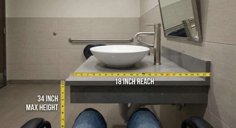 Close-up of durable PVD finish used in commercial fixtures designed to comply with ADA bathroom faucet requirements