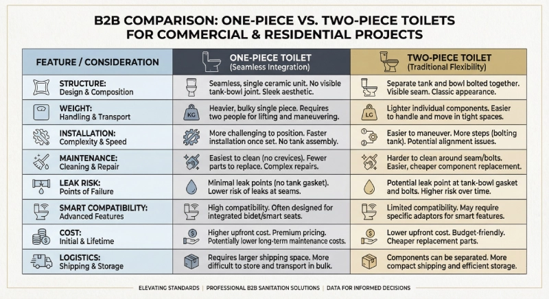 Visual table showing One-Piece vs Two-Piece Toilets differences for developers.