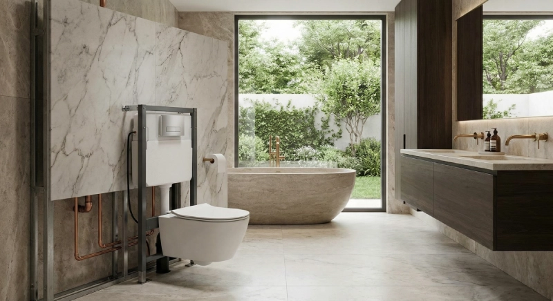 Wall-hung toilet installation in luxury villa bathroom