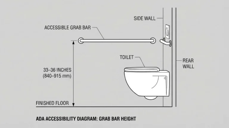 ada bathroom grab bar height measurement diagram showing 33 to 36 inches above finished floor in ADA compliant restroom