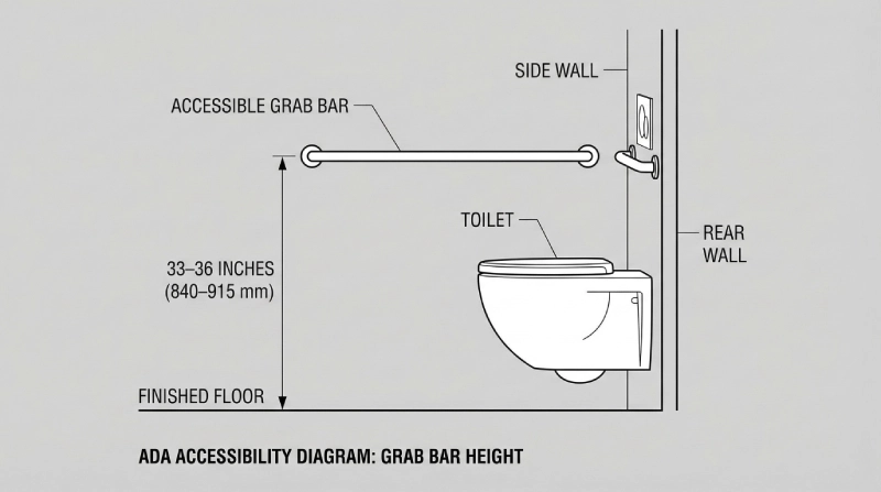 ada bathroom grab bar height measurement diagram showing 33 to 36 inches above finished floor in ADA compliant restroom