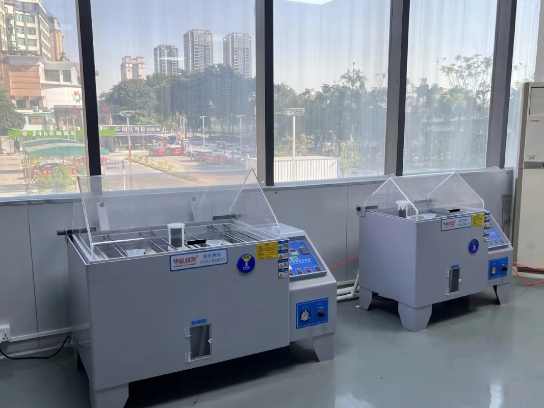 ASTM B117 standard salt spray test chamber evaluating the 48-hour corrosion resistance of commercial bathroom vanity hardware and hinges.