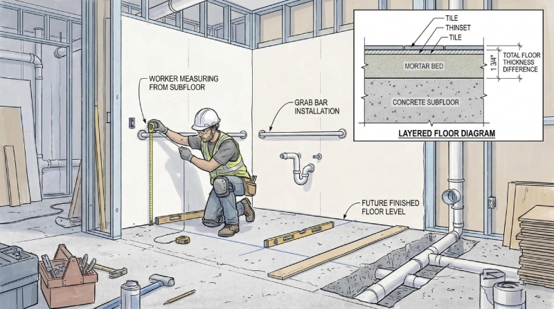contractor measuring ada bathroom grab bar height from subfloor illustrating common finished floor calculation mistake