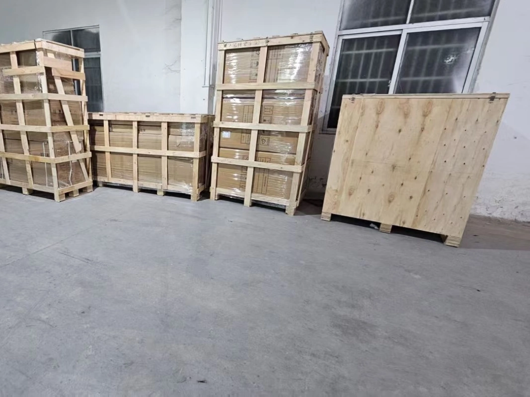 Heavy-duty wooden crates used in our factory to protect commercial bathroom furniture and fragile quartz tops during global shipping.