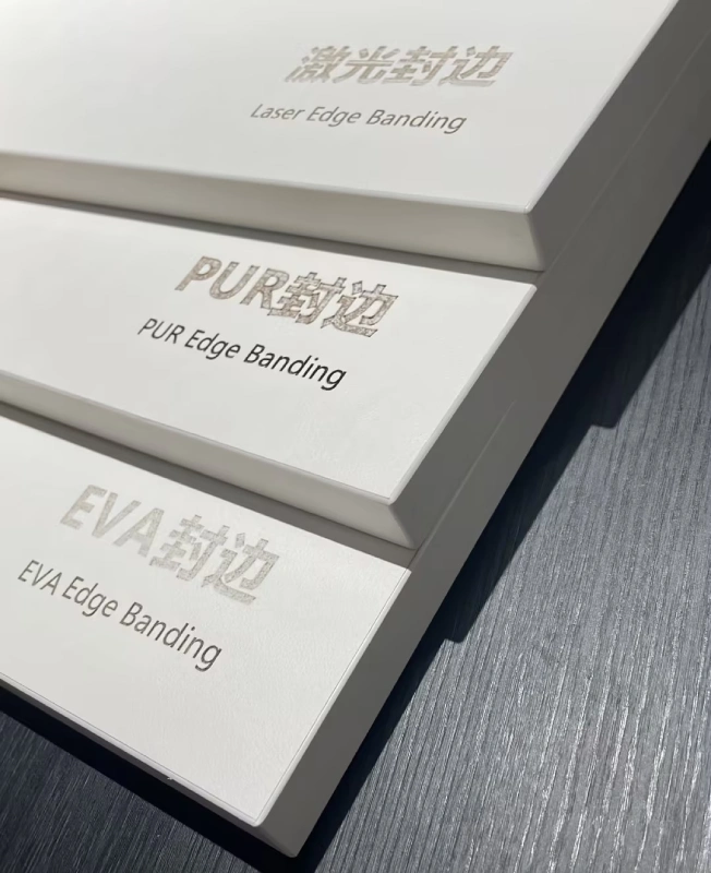 Comparison of Laser, PUR, and EVA edge banding techniques for waterproof commercial hotel bathroom vanity cabinets.