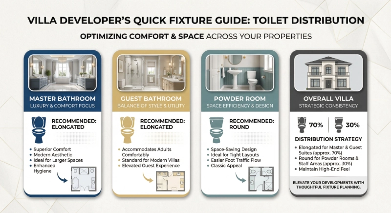 recommended elongated vs round toilet distribution for luxury villa bathrooms.