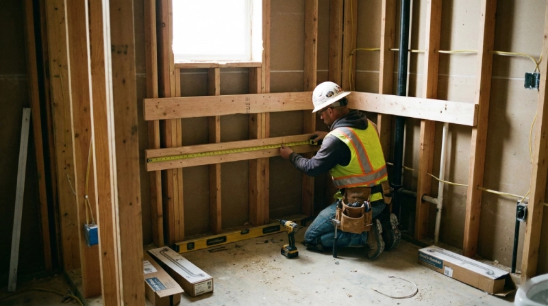 wood blocking installed in wall to support proper ada bathroom grab bar height installation in commercial bathroom