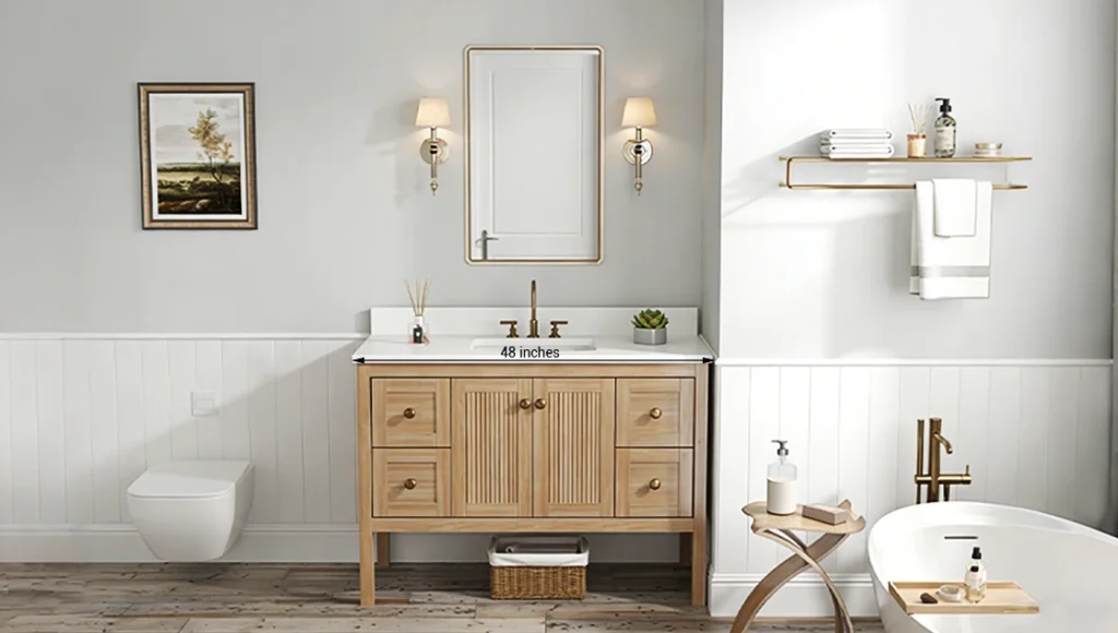 Standard 36-inch and 48-inch hotel bathroom vanity sizes for guest room brand consistency.