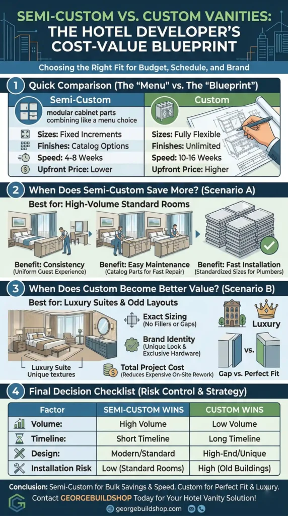 Guide comparing hotel semi-custom and custom bathroom vanities for cost-efficiency, 4-16 week lead times, and room layouts.
