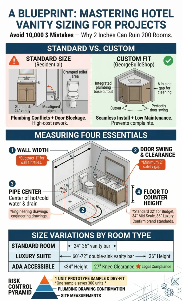 GeorgeBuildShop guide to custom hotel vanity sizes, detailing wall width, plumbing, and ADA standards for project layouts.