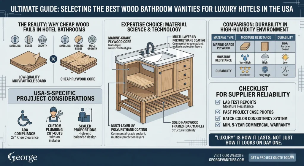 A guide to choosing durable, moisture-resistant wood bathroom vanities for luxury hotels, comparing solid hardwood (oak/maple) constructions to cheap MDF and showing ADA compliant designs with multi-layer coatings.