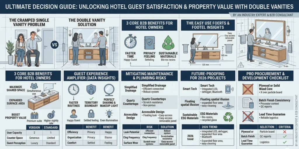Double vanity guide infographic for hotels showing how dual sinks boost guest satisfaction, ROI, and 2026 smart bathroom trends.