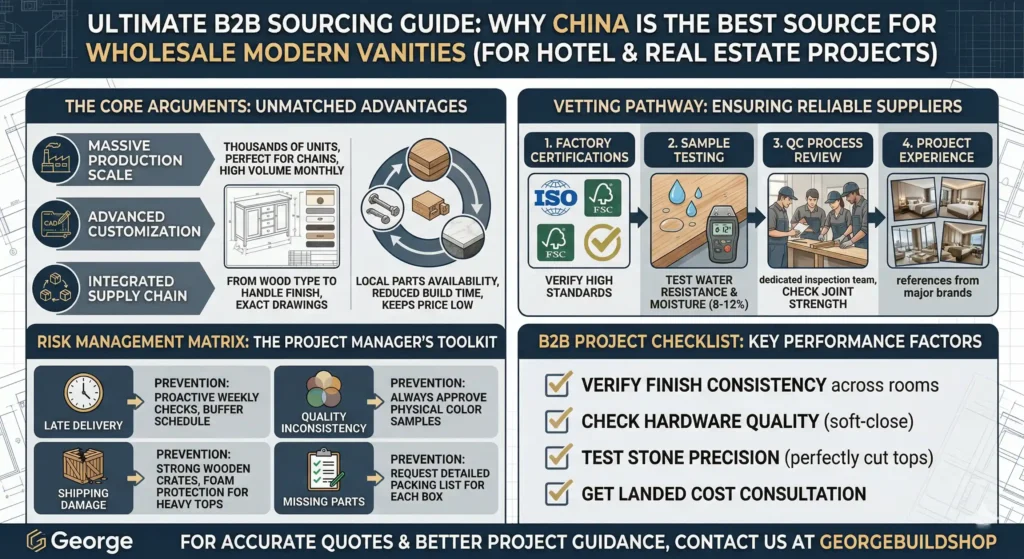 B2B infographic guide for sourcing wholesale modern bathroom vanities from China, highlighting QC vetting for hotel projects.