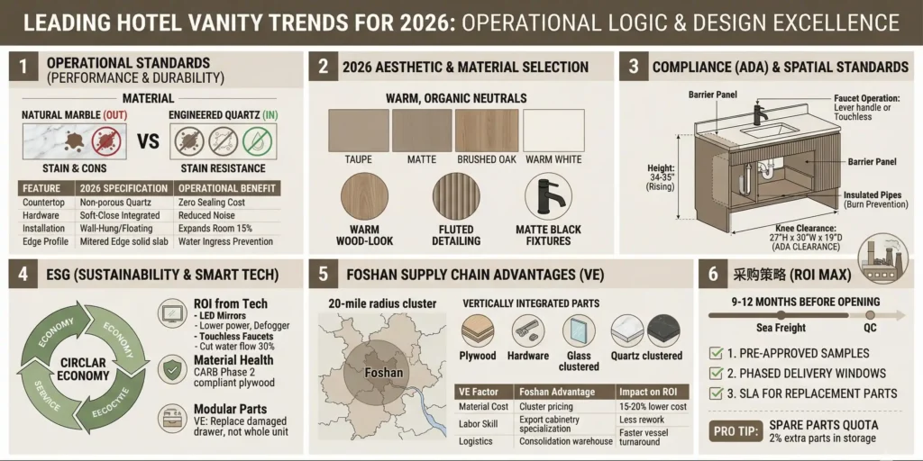 Infographic titled 'Leading Hotel Vanity Trends for 2026', detailing materials, aesthetics, ADA compliance, sustainable tech, Foshan supply chain, and procurement ROI.