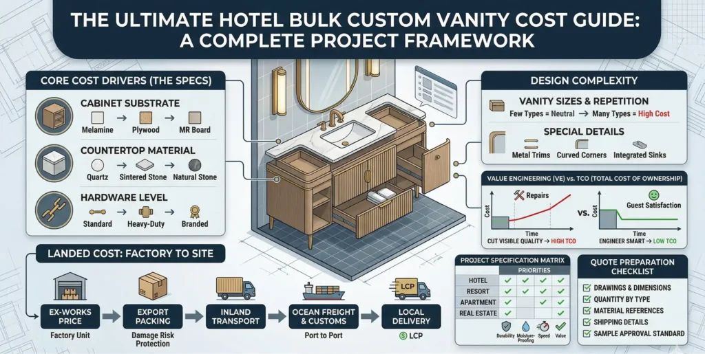 Infographic guide for hotel bulk custom vanity costs, illustrating material specs, design complexity, and project logistics.