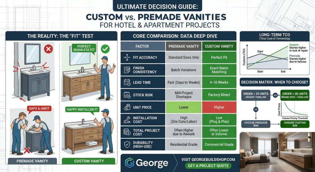 Custom vs. premade hotel vanity guide comparing installation costs, fit accuracy, and long-term TCO for multi-unit projects.