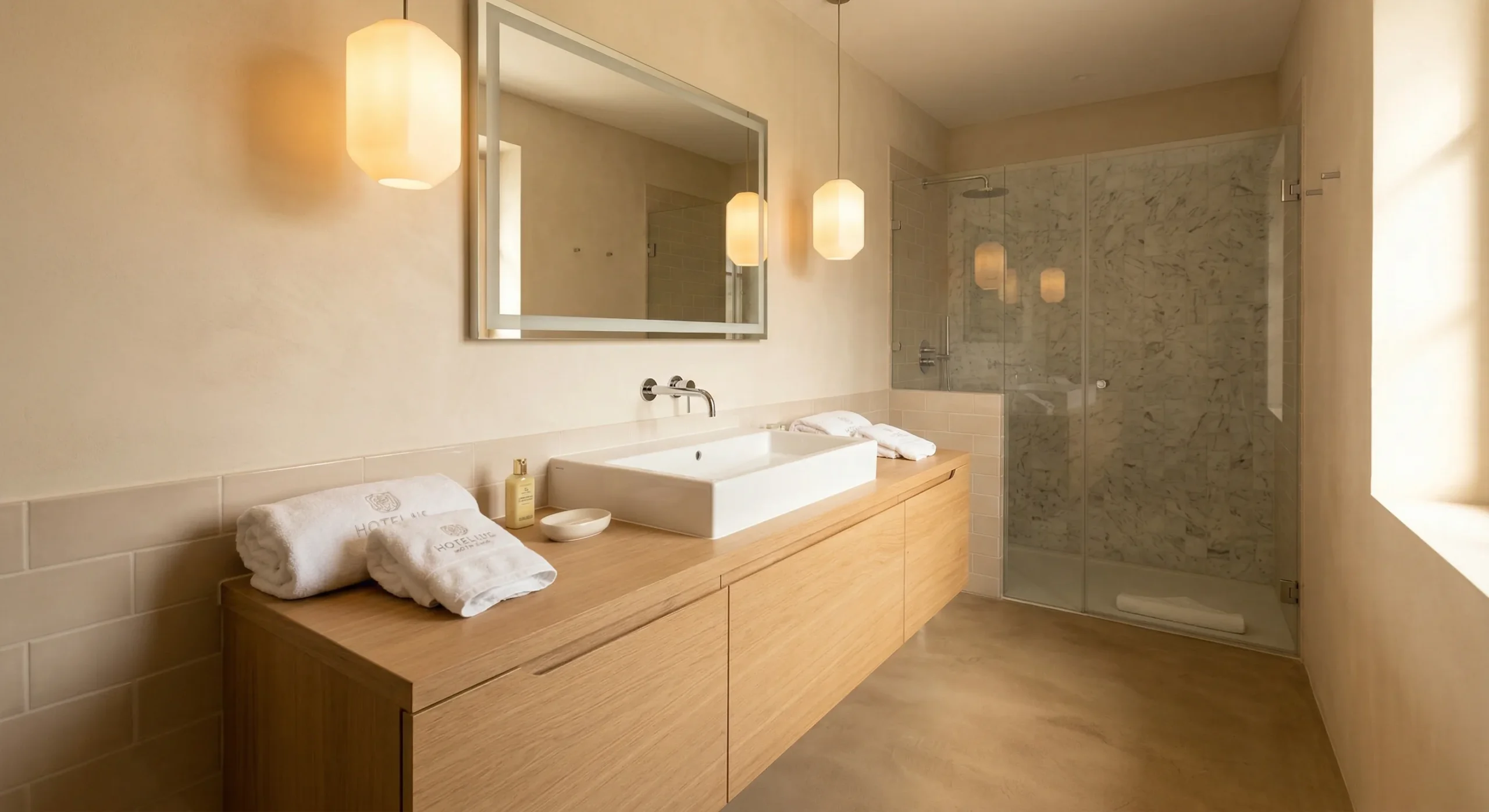 European minimalist floating hotel vanities with FSC-certified sustainable materials