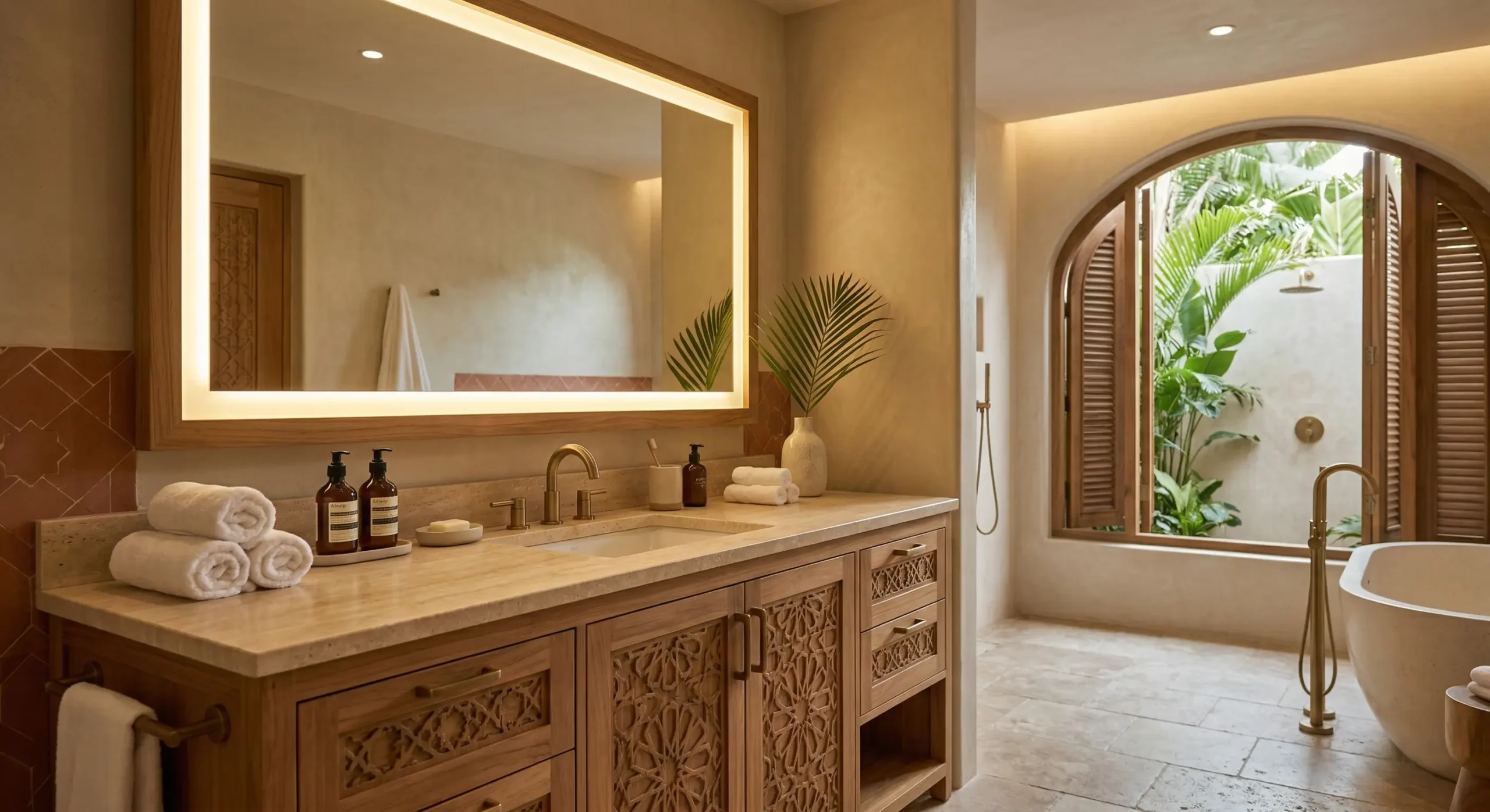 Middle Eastern luxury hotel bathroom vanity with anti-corrosion hardware for extreme climates