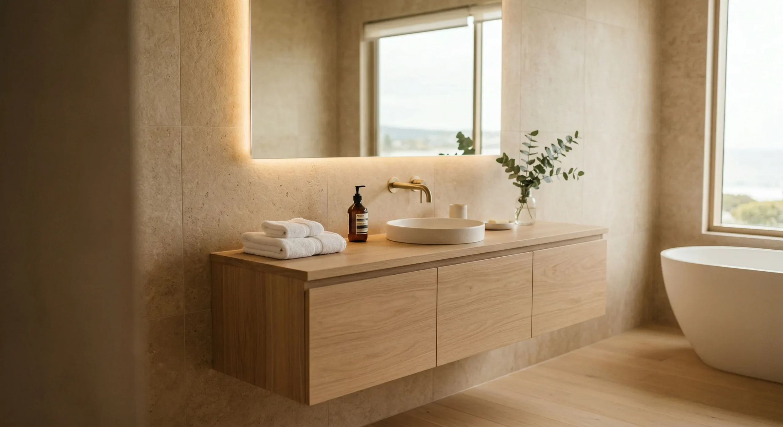 Australian standard Watermark certified hotel vanities in Coastal Oak finish