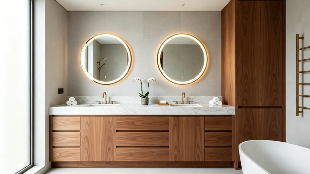 Modern walnut wood hotel double vanity with white marble countertop and twin circular backlit LED mirrors for luxury suites.