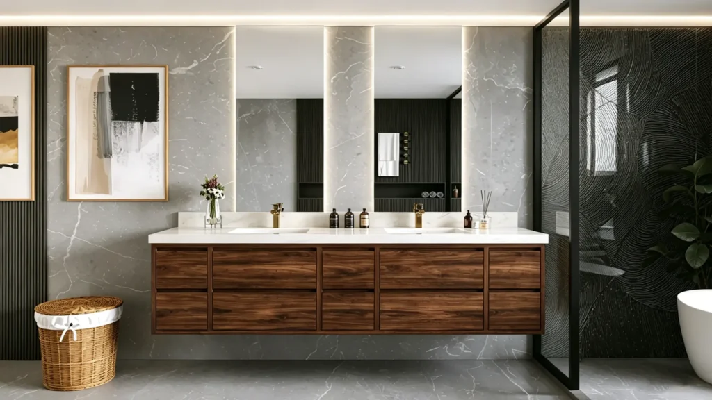 Modern floating double vanity with dark walnut finish, white stone top, integrated sinks, and gold faucets in a luxury hotel bathroom.