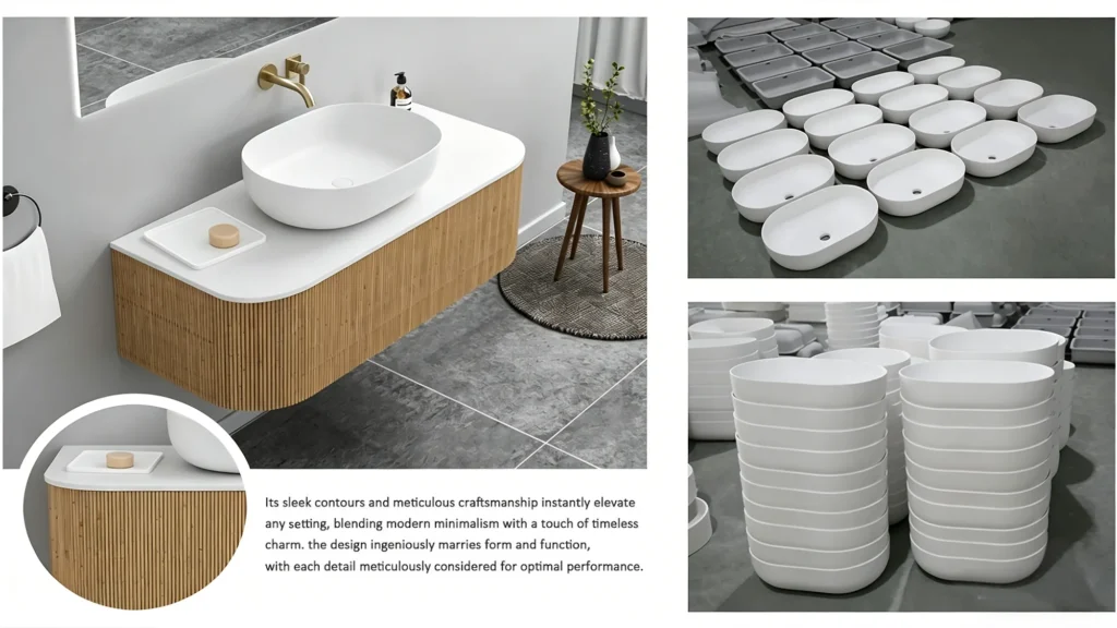 Floating fluted wood hotel vanity with white vessel sink, featuring mass-produced factory stock to lower upfront project costs.